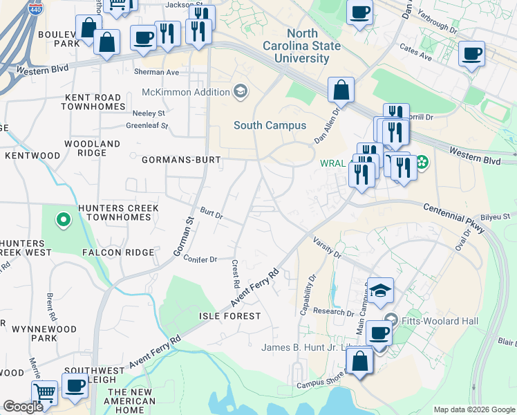 map of restaurants, bars, coffee shops, grocery stores, and more near 1527 Crest Road in Raleigh