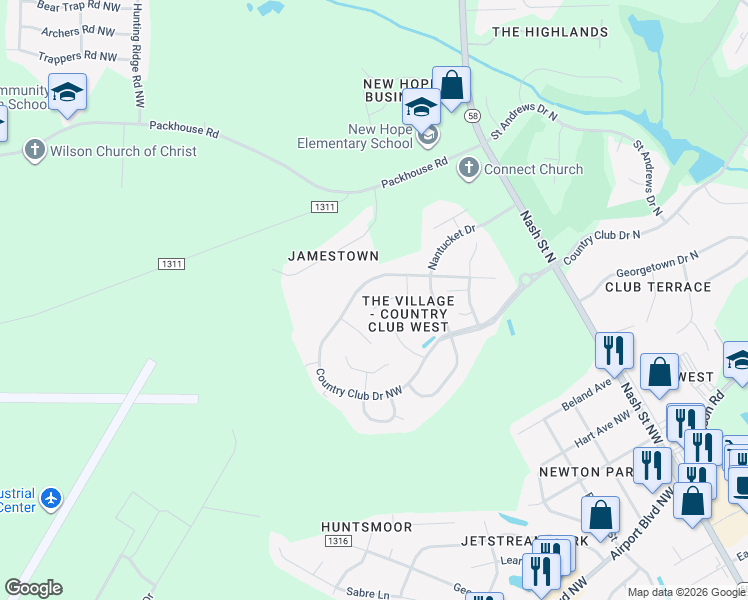 map of restaurants, bars, coffee shops, grocery stores, and more near 4707 Winthrop Court Northwest in Wilson