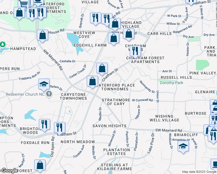 map of restaurants, bars, coffee shops, grocery stores, and more near 103 Granby Court in Cary