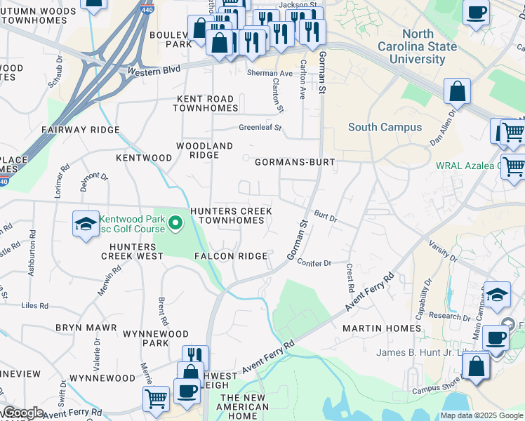 map of restaurants, bars, coffee shops, grocery stores, and more near 1723 Kayla Court in Raleigh