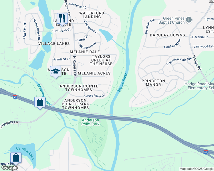 map of restaurants, bars, coffee shops, grocery stores, and more near 5529 Neuse View Drive in Raleigh