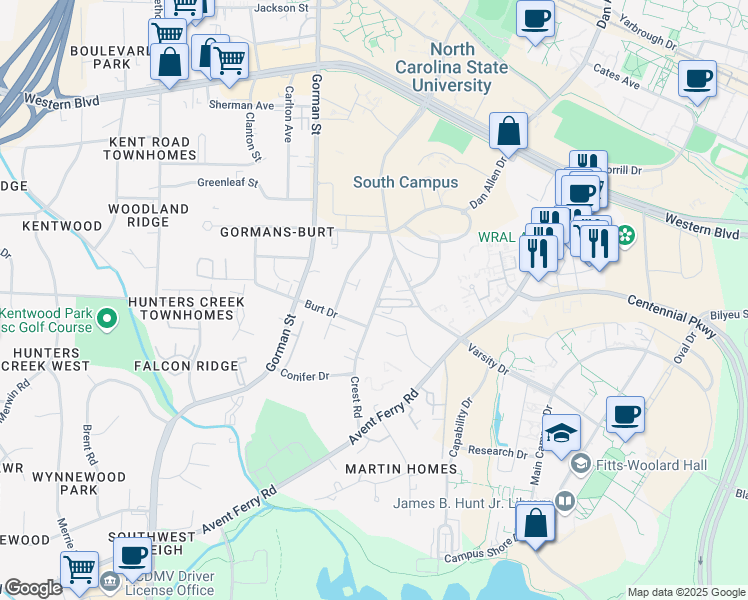 map of restaurants, bars, coffee shops, grocery stores, and more near 1528 Crest Road in Raleigh