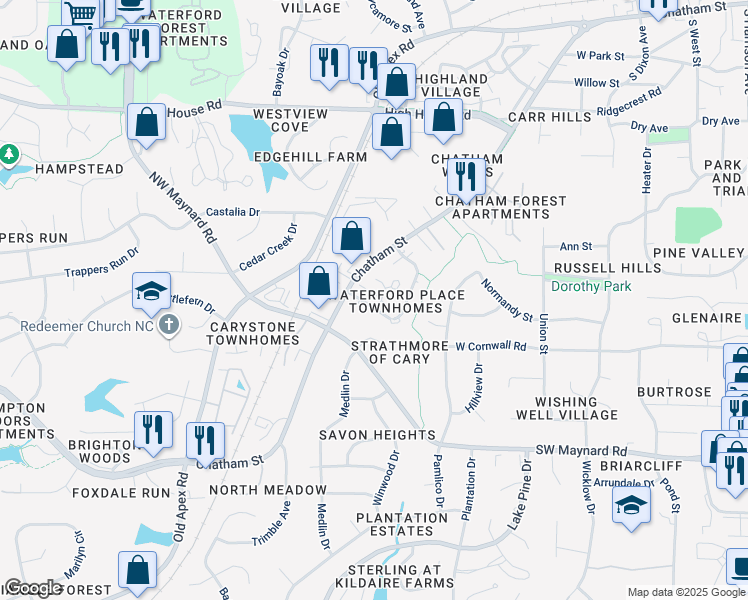 map of restaurants, bars, coffee shops, grocery stores, and more near 103 Granby Court in Cary
