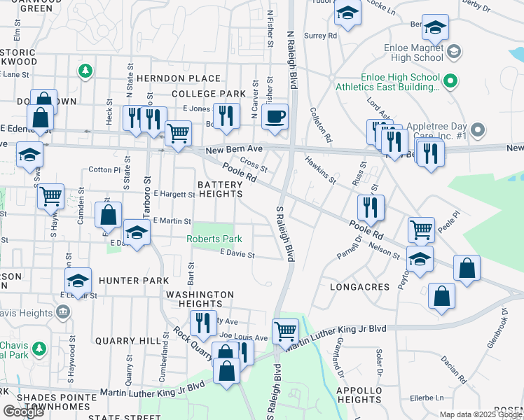 map of restaurants, bars, coffee shops, grocery stores, and more near 1537 Battery Drive in Raleigh