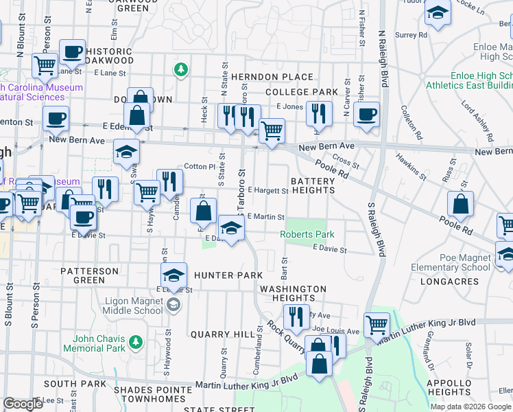 map of restaurants, bars, coffee shops, grocery stores, and more near 1119 East Martin Street in Raleigh