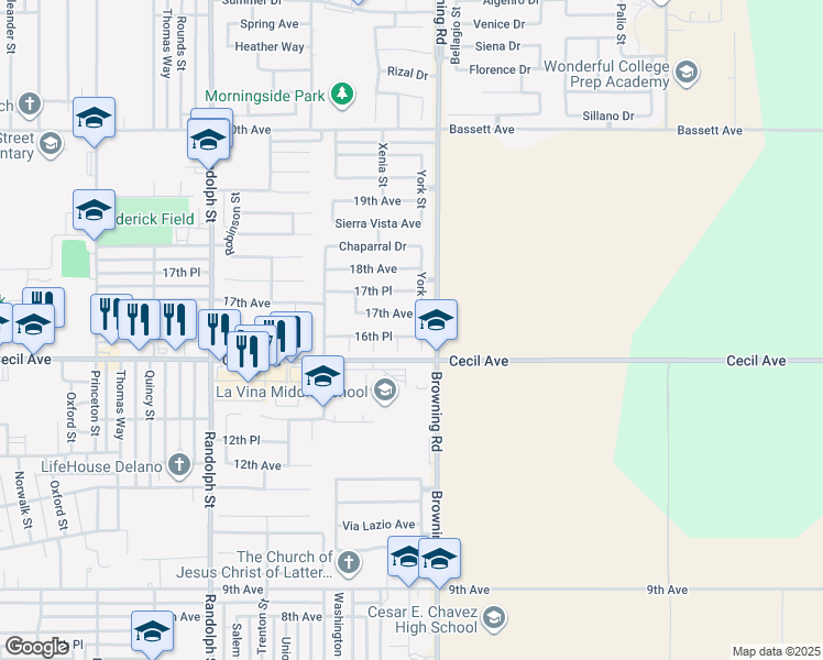 map of restaurants, bars, coffee shops, grocery stores, and more near 1620 Yakima Court in Delano