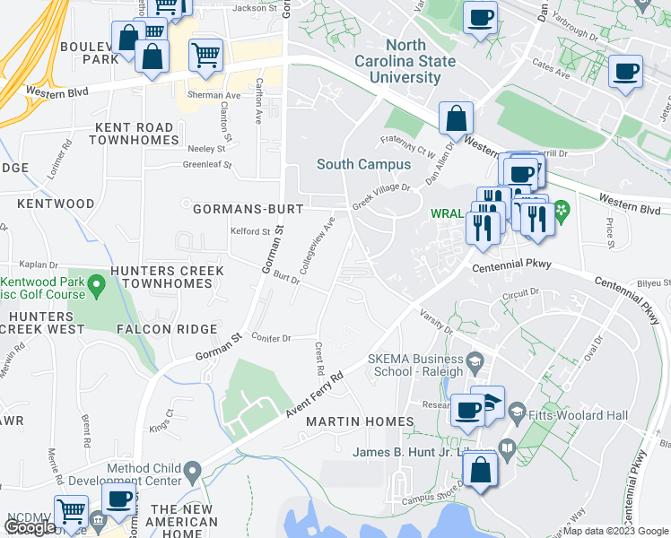 map of restaurants, bars, coffee shops, grocery stores, and more near 1510 Crest Road in Raleigh