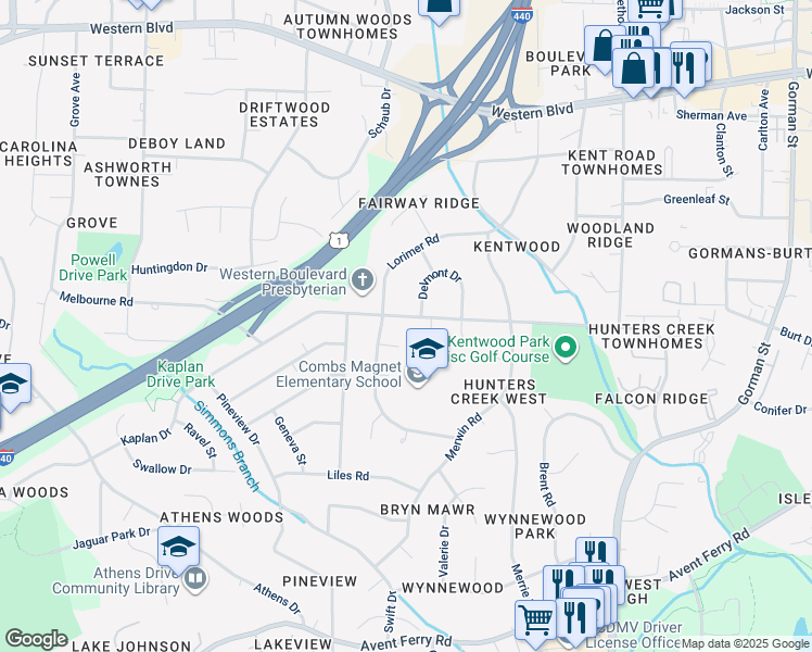map of restaurants, bars, coffee shops, grocery stores, and more near 4805 Kaplan Drive in Raleigh