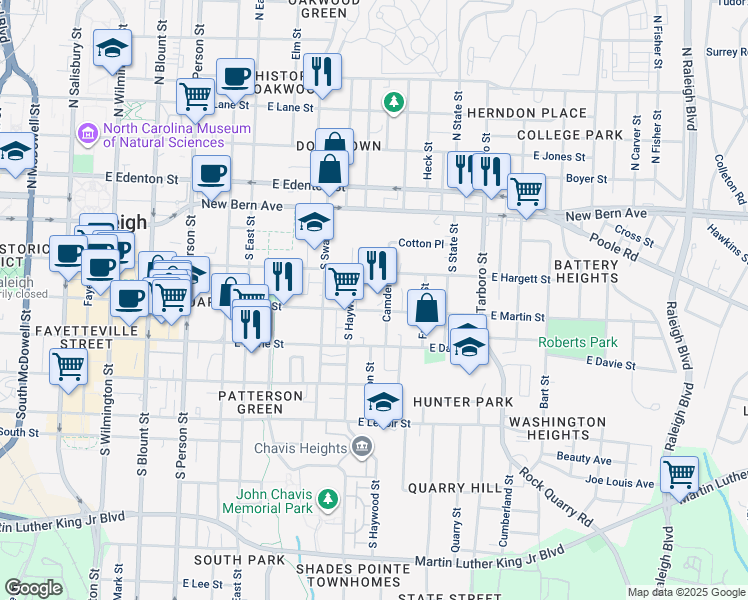 map of restaurants, bars, coffee shops, grocery stores, and more near 714 East Martin Street in Raleigh