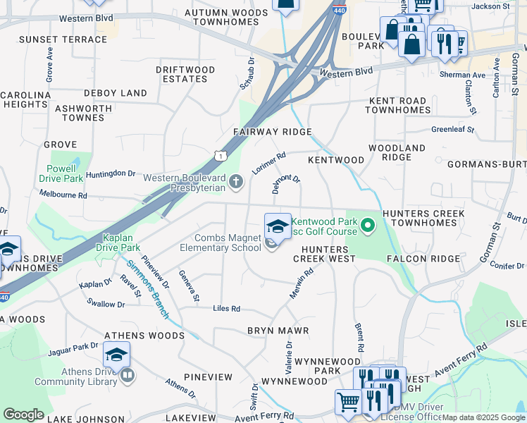 map of restaurants, bars, coffee shops, grocery stores, and more near 4805 Kaplan Drive in Raleigh