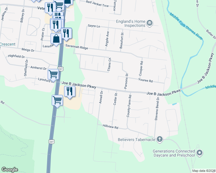 map of restaurants, bars, coffee shops, grocery stores, and more near 322 Joe B Jackson Parkway in Murfreesboro