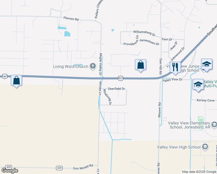 map of restaurants, bars, coffee shops, grocery stores, and more near 5523 Deerfield Drive in Jonesboro