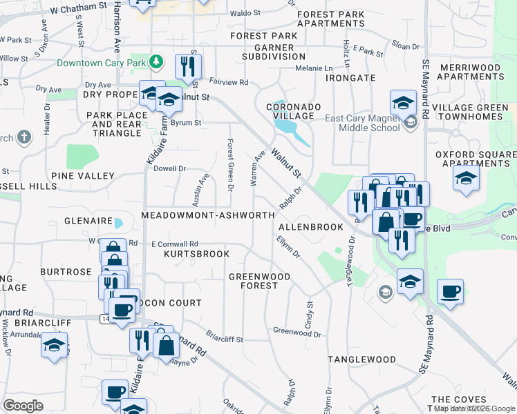 map of restaurants, bars, coffee shops, grocery stores, and more near 808 Ralph Drive in Cary
