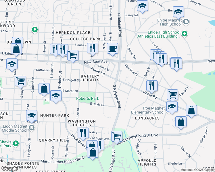 map of restaurants, bars, coffee shops, grocery stores, and more near 1537 Battery Drive in Raleigh