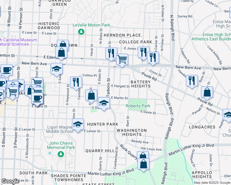map of restaurants, bars, coffee shops, grocery stores, and more near 1119 East Martin Street in Raleigh