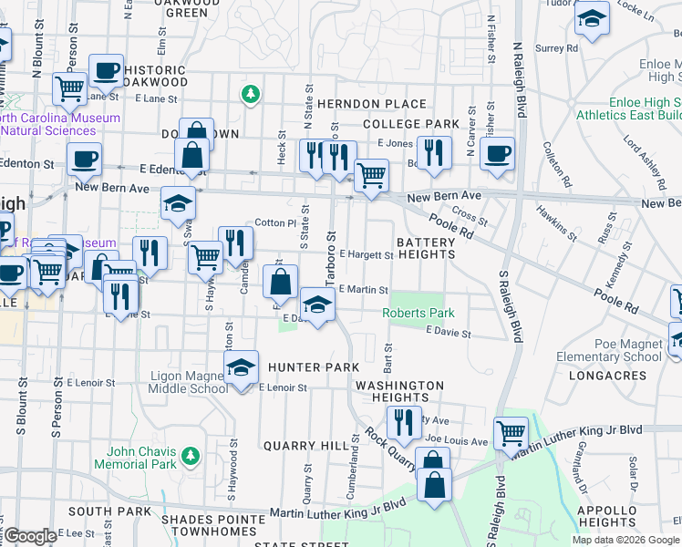 map of restaurants, bars, coffee shops, grocery stores, and more near 1016 East Martin Street in Raleigh