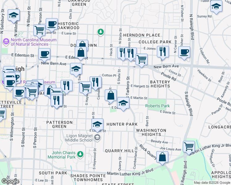 map of restaurants, bars, coffee shops, grocery stores, and more near 911 East Martin Street in Raleigh