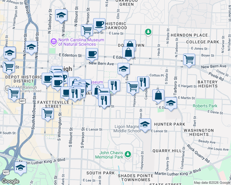map of restaurants, bars, coffee shops, grocery stores, and more near 562 East Martin Street in Raleigh