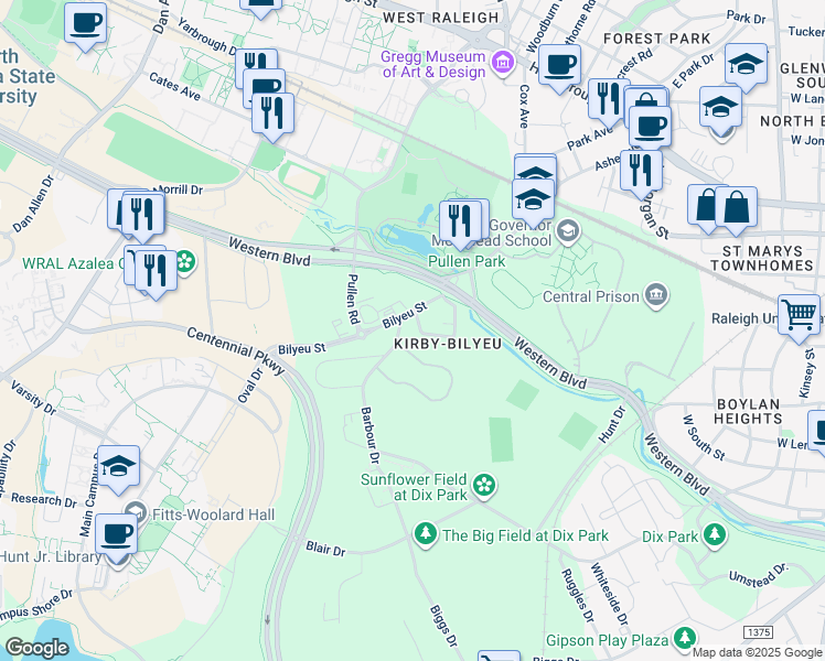 map of restaurants, bars, coffee shops, grocery stores, and more near 613 Kirby Street in Raleigh