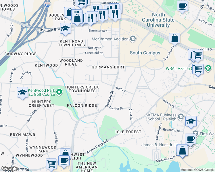 map of restaurants, bars, coffee shops, grocery stores, and more near in Raleigh