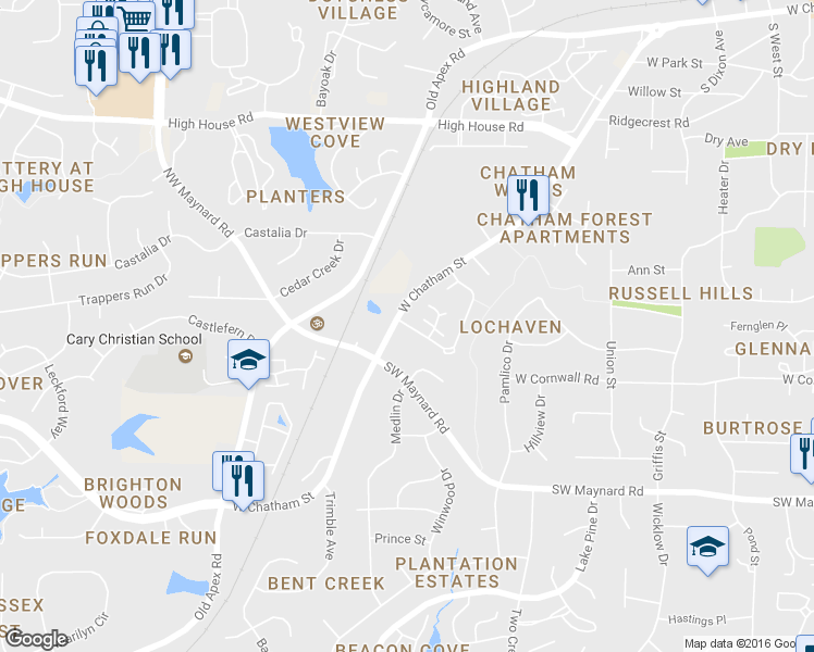 map of restaurants, bars, coffee shops, grocery stores, and more near 505 Danforth Drive in Cary