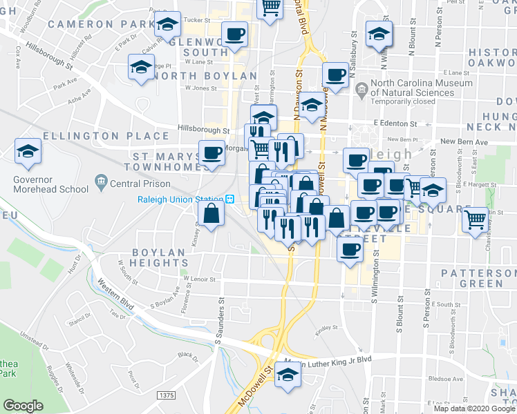 map of restaurants, bars, coffee shops, grocery stores, and more near 409 West Martin Street in Raleigh