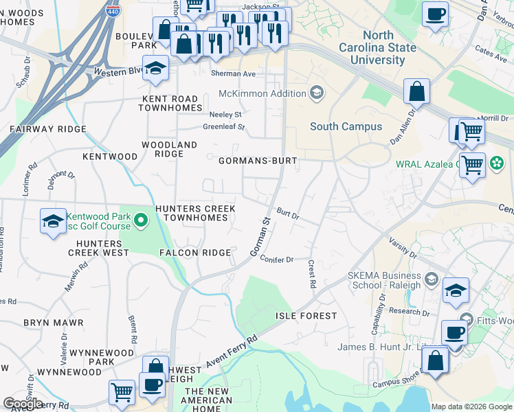 map of restaurants, bars, coffee shops, grocery stores, and more near in Raleigh