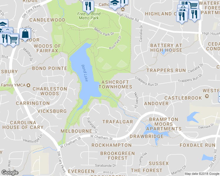 map of restaurants, bars, coffee shops, grocery stores, and more near 125 Luxon Place in Cary