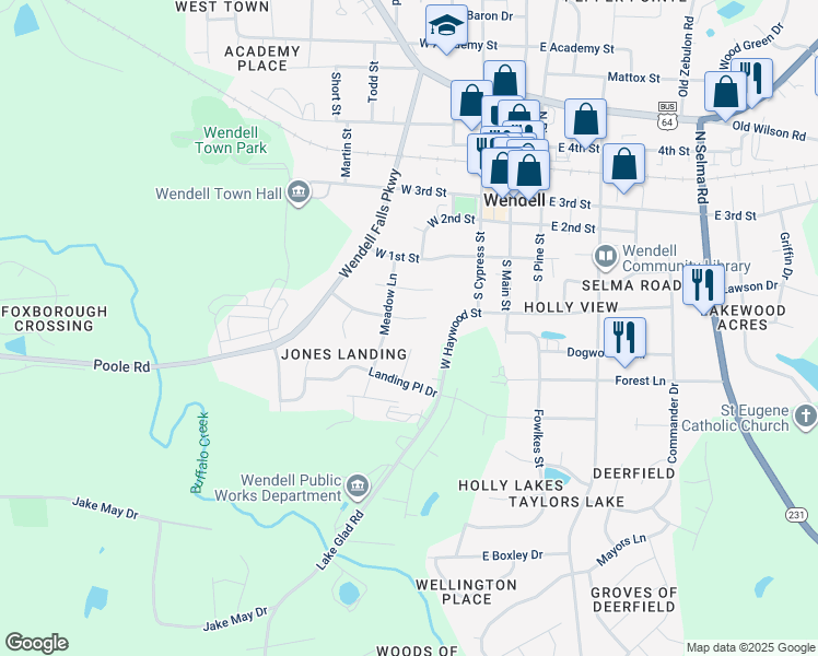 map of restaurants, bars, coffee shops, grocery stores, and more near 22 East Maggie Court in Wendell