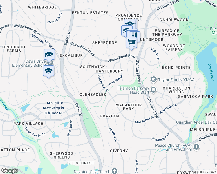 map of restaurants, bars, coffee shops, grocery stores, and more near 102 Trailview Drive in Cary