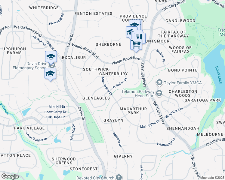 map of restaurants, bars, coffee shops, grocery stores, and more near 102 Trailview Drive in Cary