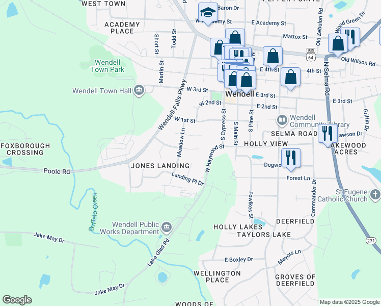 map of restaurants, bars, coffee shops, grocery stores, and more near 22 East Maggie Court in Wendell