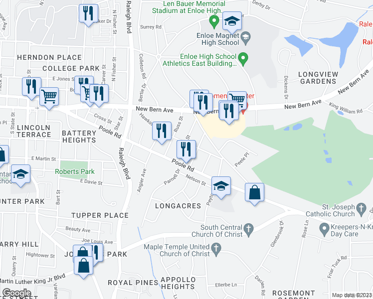 map of restaurants, bars, coffee shops, grocery stores, and more near 309 Kennedy Street in Raleigh