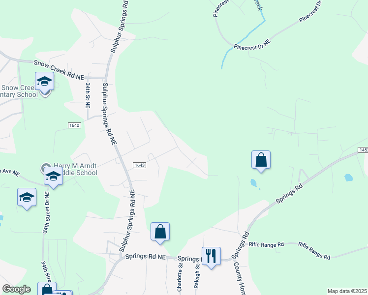 map of restaurants, bars, coffee shops, grocery stores, and more near 3456 38th Street Drive Northeast in Hickory