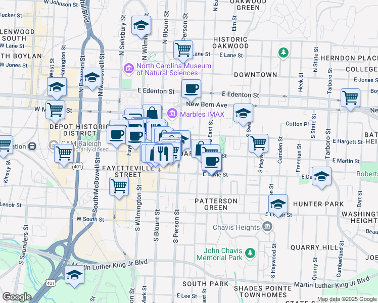 map of restaurants, bars, coffee shops, grocery stores, and more near 313 East Martin Street in Raleigh