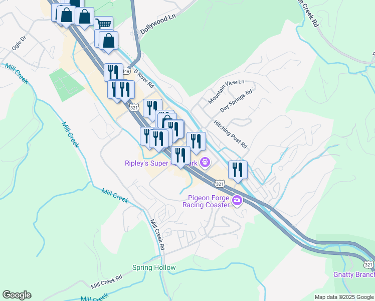 map of restaurants, bars, coffee shops, grocery stores, and more near 4025 Parkway in Pigeon Forge