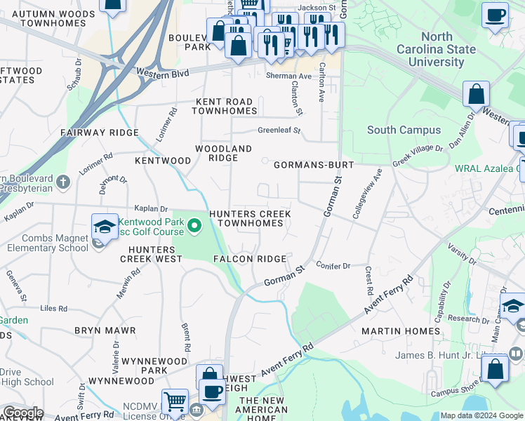 map of restaurants, bars, coffee shops, grocery stores, and more near 4309 Halliwell Drive in Raleigh