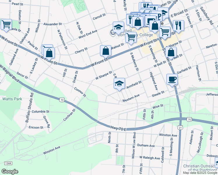 map of restaurants, bars, coffee shops, grocery stores, and more near 625 West Bell Street in Statesville