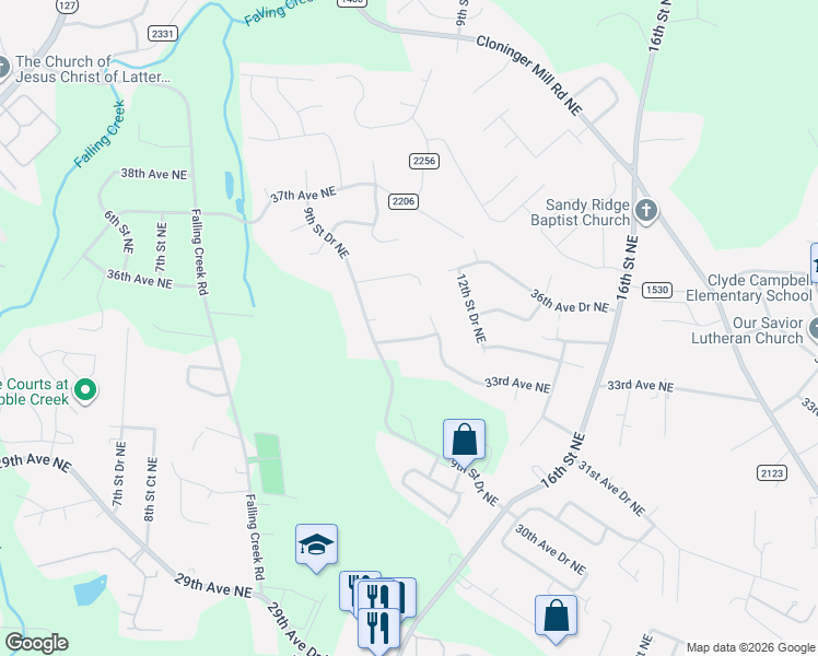 map of restaurants, bars, coffee shops, grocery stores, and more near 1260 34th Avenue Northeast in Hickory
