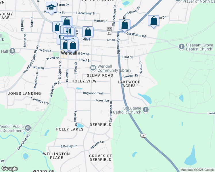 map of restaurants, bars, coffee shops, grocery stores, and more near 245 Dogwood Trail in Wendell