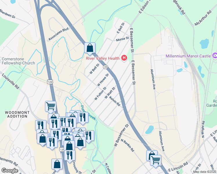 map of restaurants, bars, coffee shops, grocery stores, and more near 133 West Watt Street in Alcoa