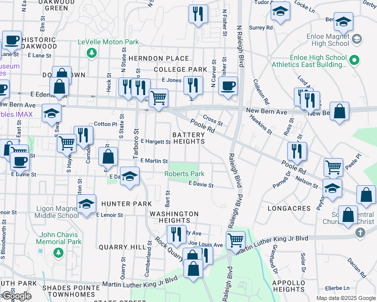 map of restaurants, bars, coffee shops, grocery stores, and more near 1401 East Martin Street in Raleigh