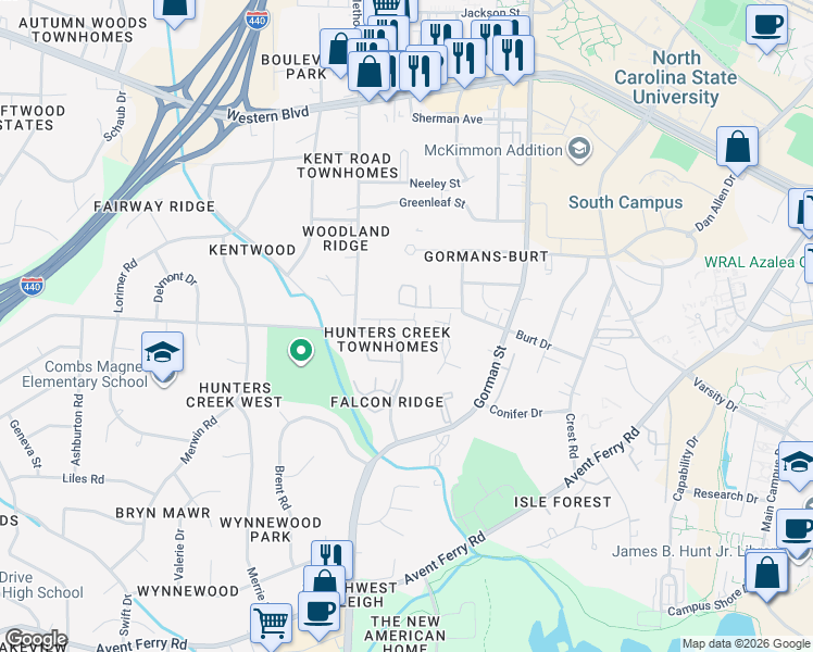 map of restaurants, bars, coffee shops, grocery stores, and more near 1723 Kayla Court in Raleigh