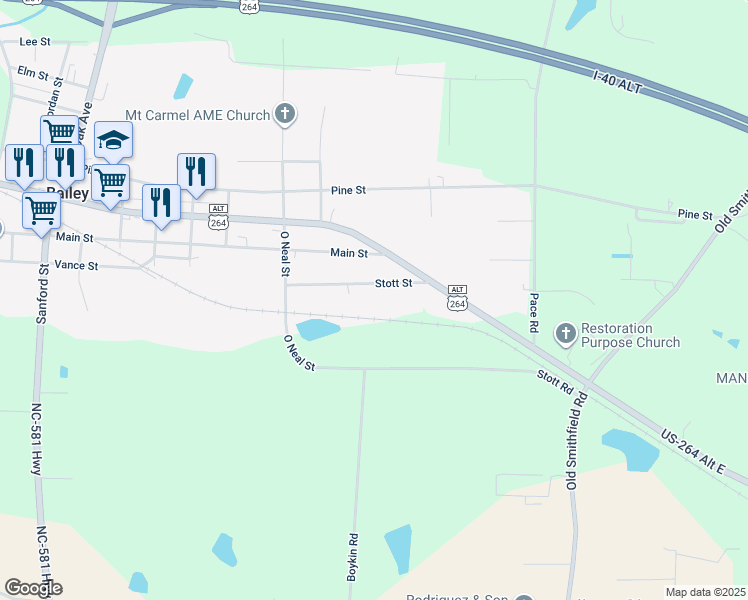 map of restaurants, bars, coffee shops, grocery stores, and more near 5749 Stott Street in Bailey