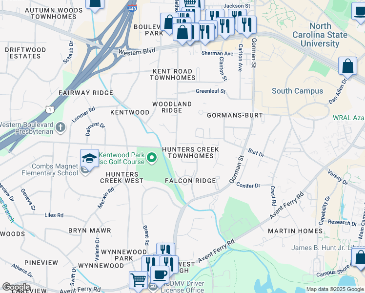 map of restaurants, bars, coffee shops, grocery stores, and more near 4345 Halliwell Drive in Raleigh