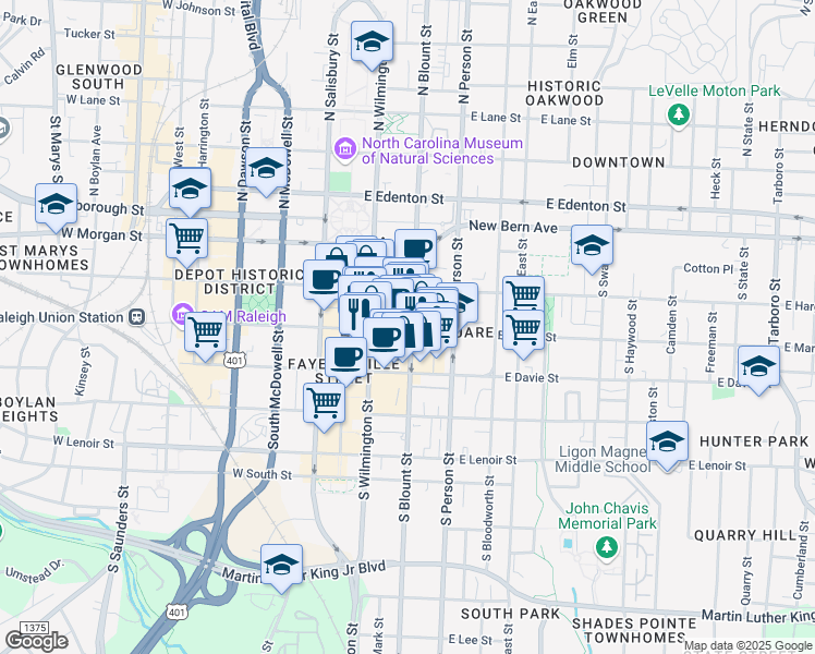 map of restaurants, bars, coffee shops, grocery stores, and more near 120 East Martin Street in Raleigh