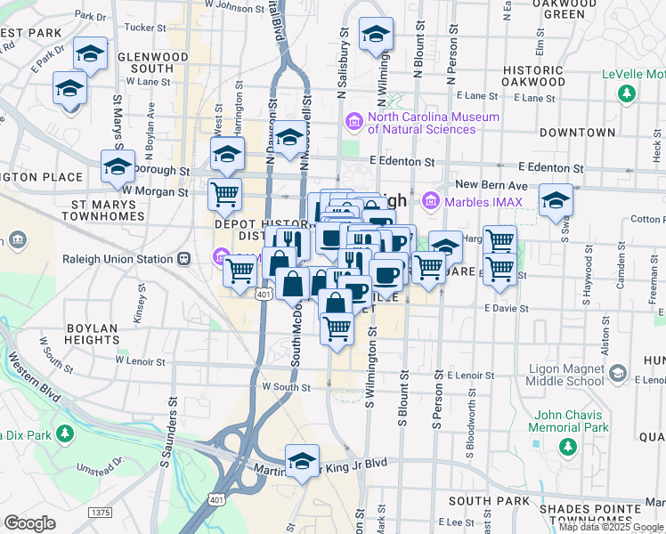 map of restaurants, bars, coffee shops, grocery stores, and more near 314 South Salisbury Street in Raleigh