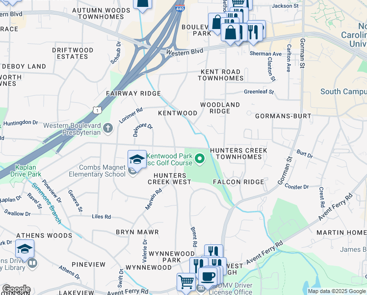 map of restaurants, bars, coffee shops, grocery stores, and more near 4513 Kaplan Drive in Raleigh