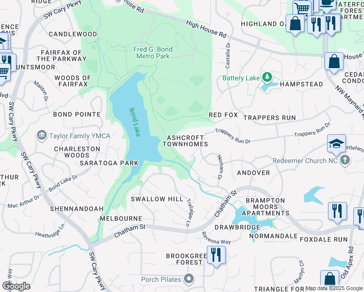 map of restaurants, bars, coffee shops, grocery stores, and more near 106 Corgy Drive in Cary