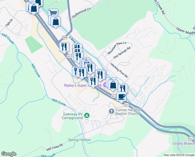 map of restaurants, bars, coffee shops, grocery stores, and more near 4025 Parkway in Pigeon Forge